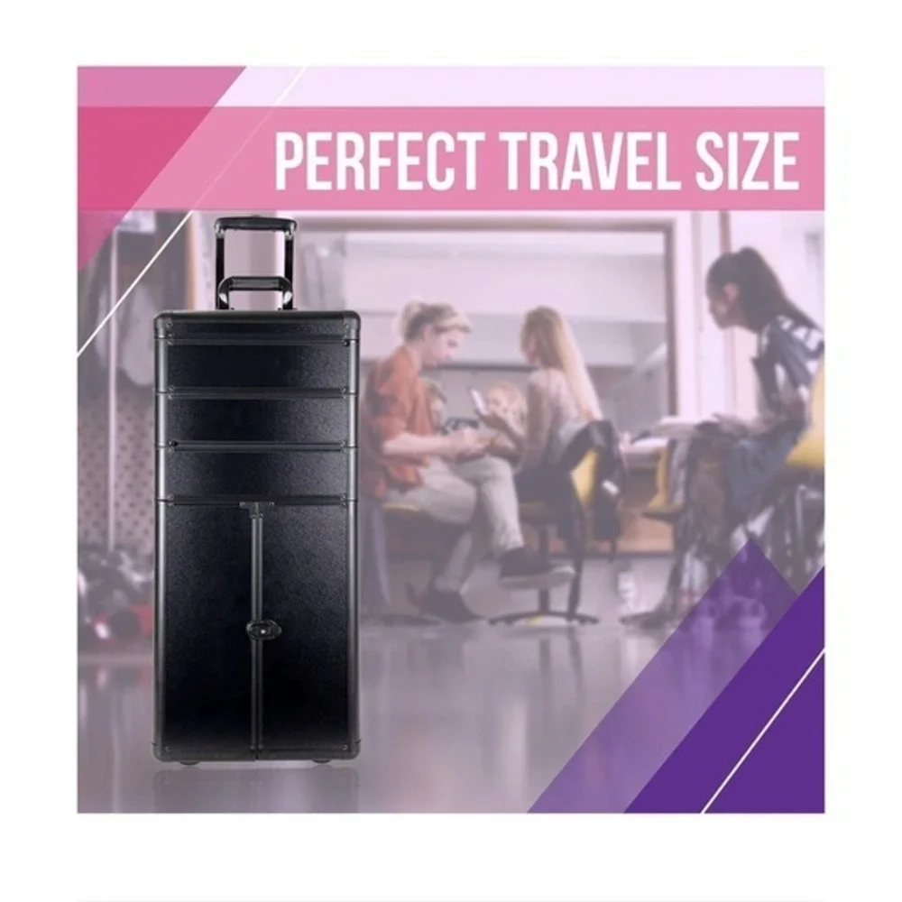Rolling Makeup Train Case Aluminum Cosmetic Trolley Organizer Box Black
